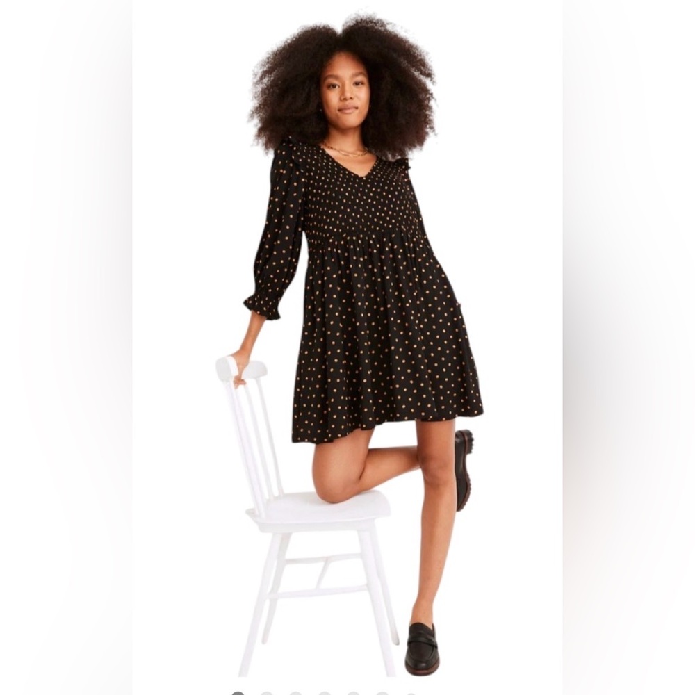 Madewell Black & Tan Polka Dot Lucie V-Neck Smocked Mini Dress